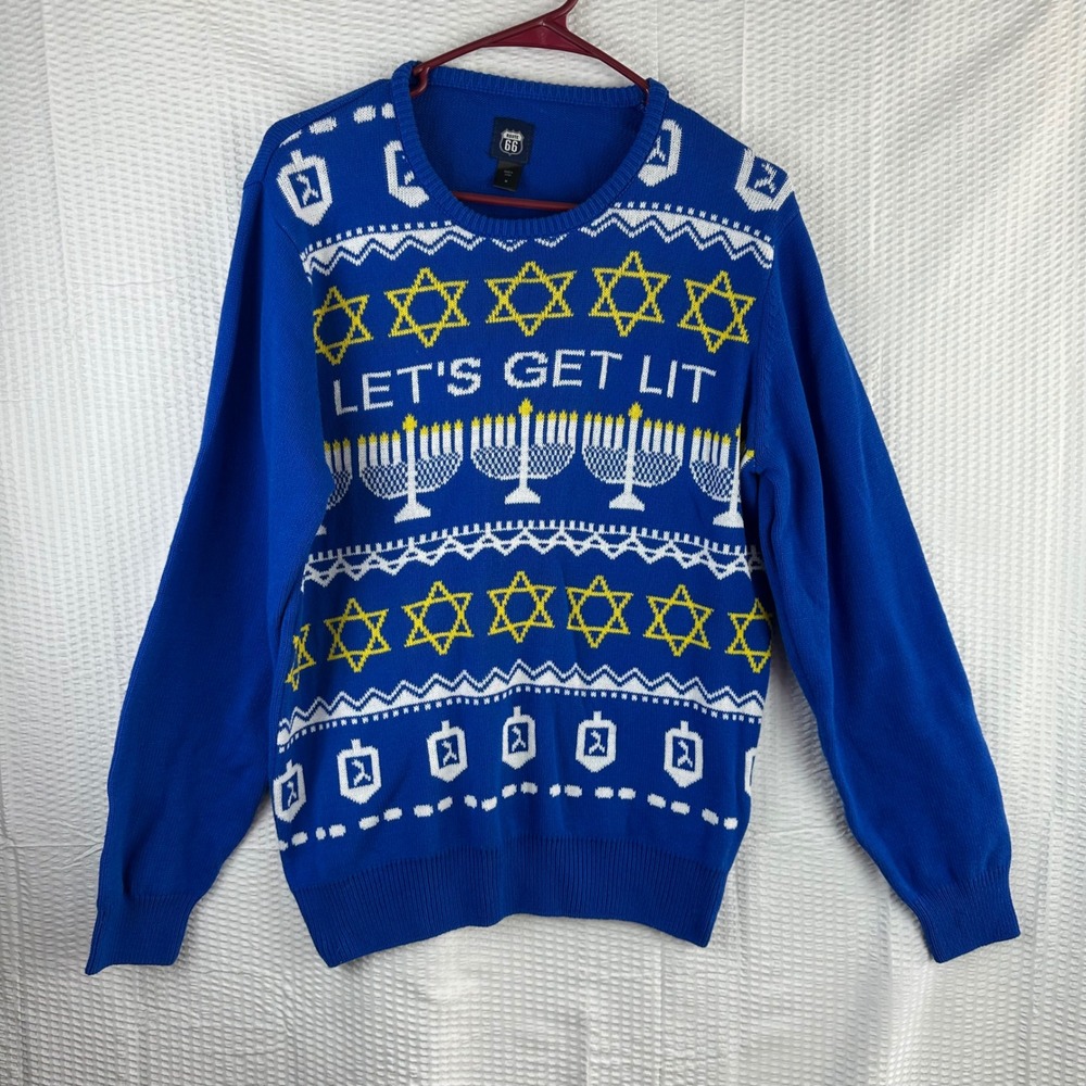 Route 66 Hanukkah Ugly Christmas Sweater Men's M Blue "Let's Get Lit" Menorah‎